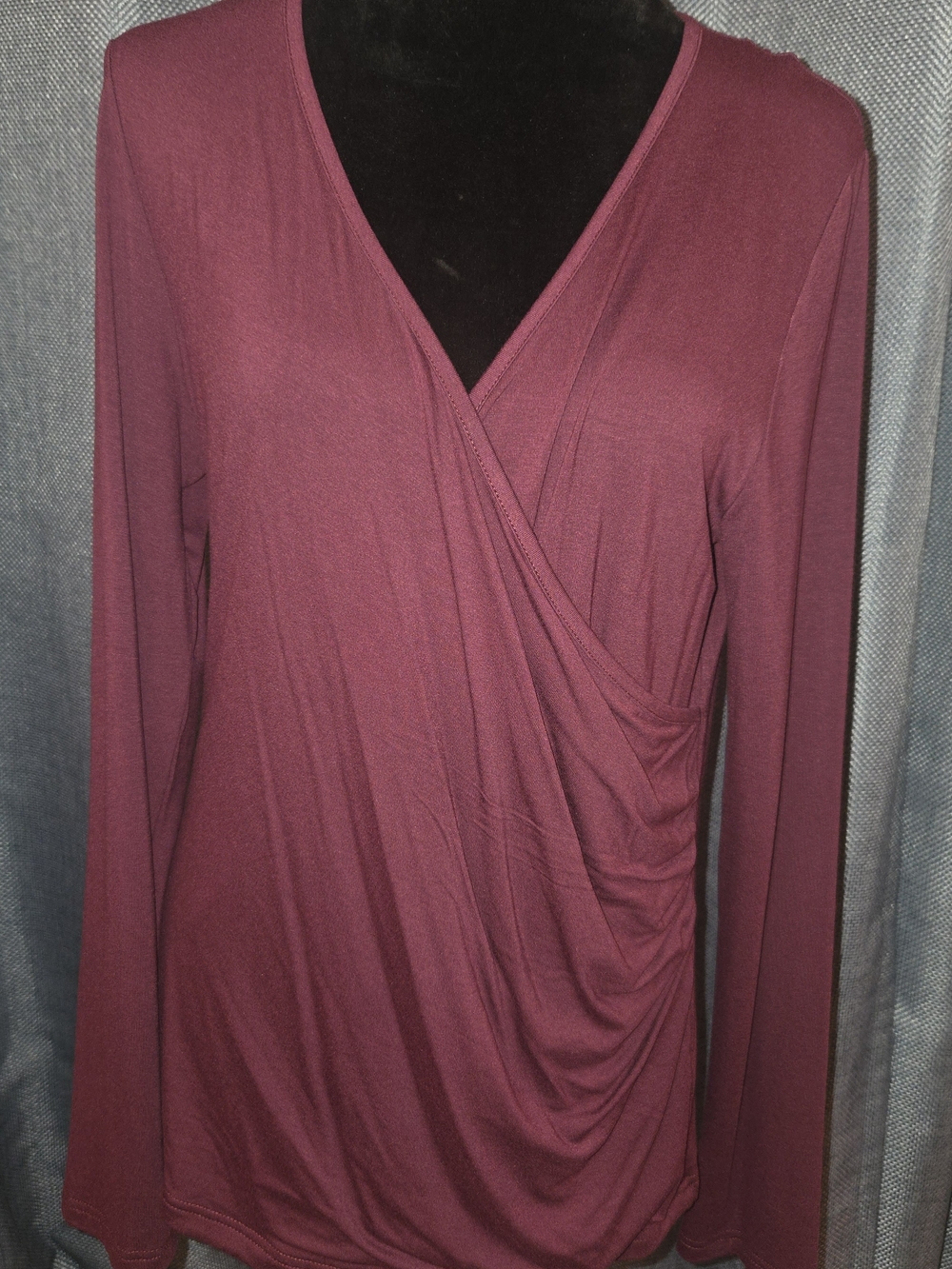 Mangopop Draped Wrap-Front Long Sleeve Top - Plum